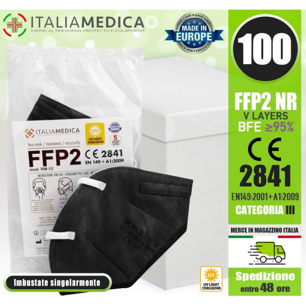 100 Mascherine FFP2 NERE Italiamedica Certificate CE2841 DPI Cat.III Made in EU