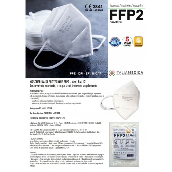 100 Mascherine FFP2 BLU Italiamedica Certificate CE2841 DPI Cat.III Made in EU