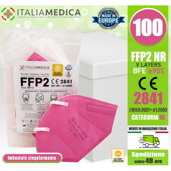 100 Mascherine FFP2 ROSA Italiamedica Certificate CE2841 DPI Cat.III Made in EU