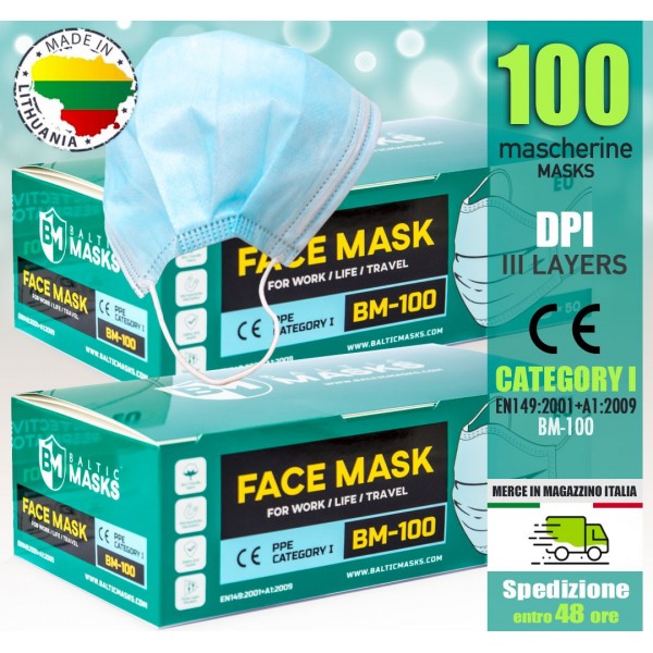 100 Mascherine DPI CE EN149:2001+A1:2009 Baltic Masks BM-100 Made in EU